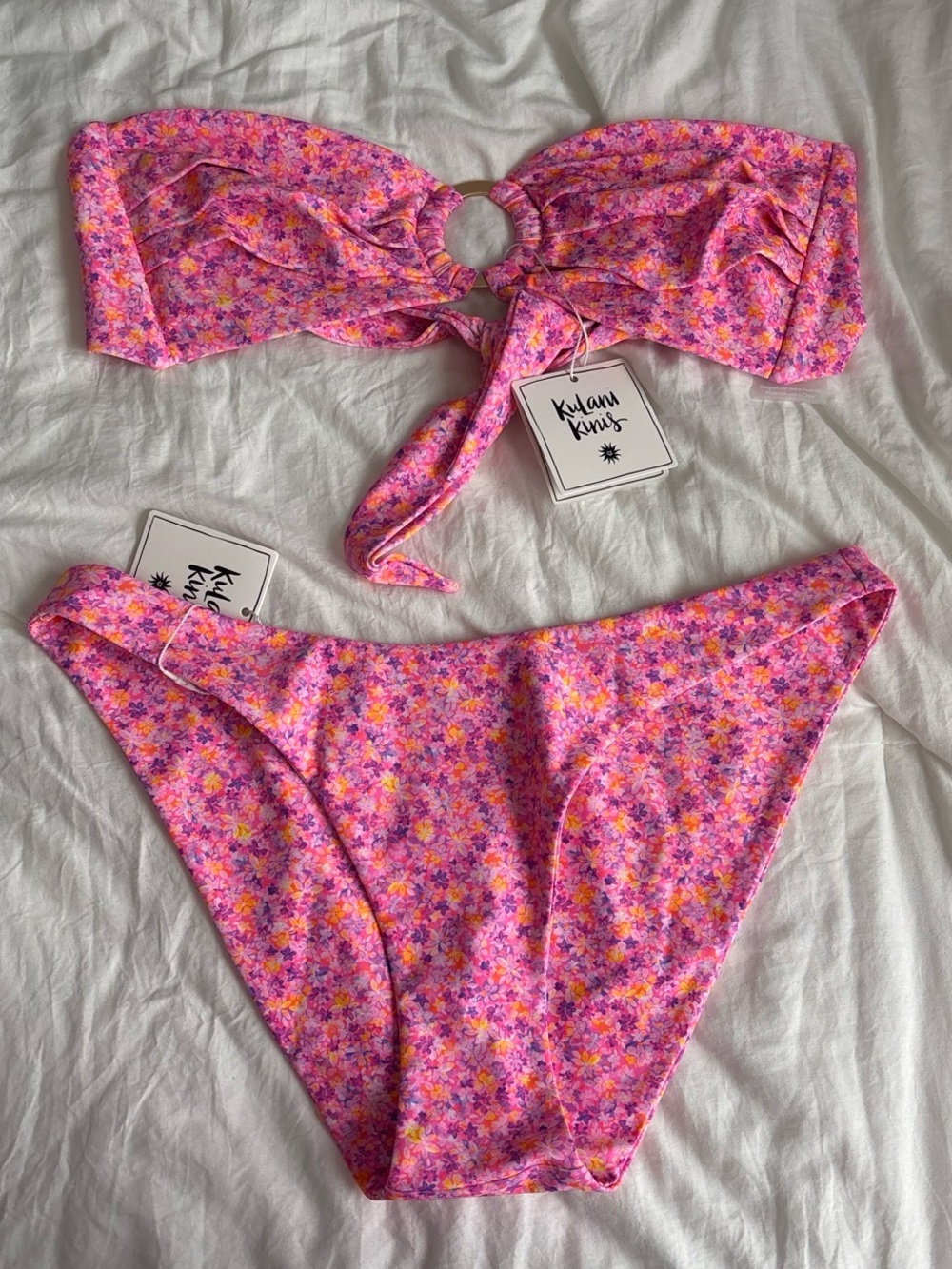 Kulani Kinis Pink Floral Ring-Front Bandeau Bikini Set